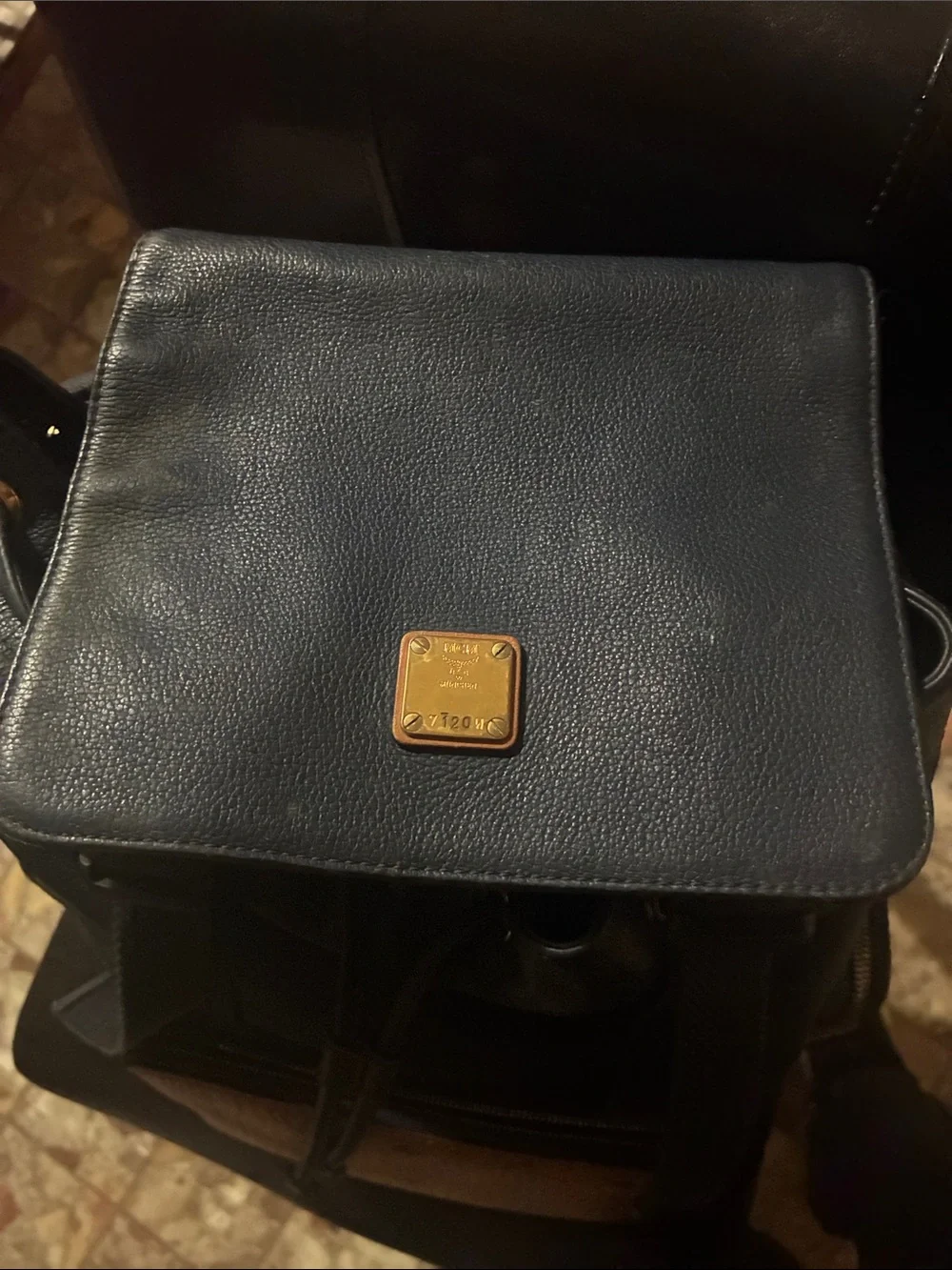 MCM Navy Leather Backpack with Cognac Visetos Pocket